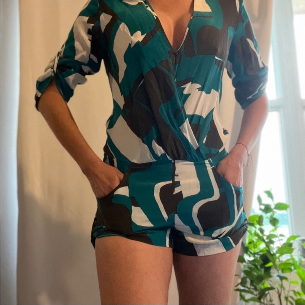 Armani Exchange Silk Pattern Short Romper Roll Tab Blue Black White